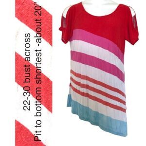 Cold shoulder xl top slant bottom style , stripe print, red pink white blue